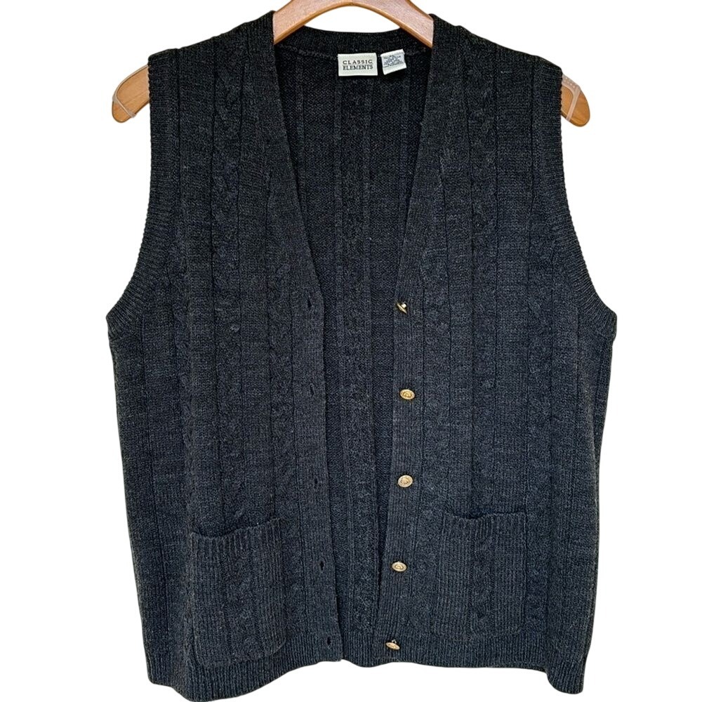 Vintage Cableknit Sweater Vest Gray Cardigan Size Xl oversized grunge cabin - Picture 3 of 7